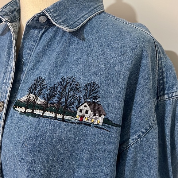 Vintage long sleeve button down embroidered denim top women’s sz M, as is - Picture 2 of 11
